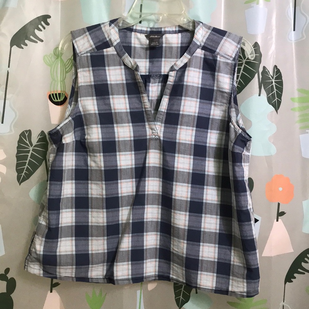 Eddie Bauer blue plaid V-neck sleeveless top - Picture 1 of 8